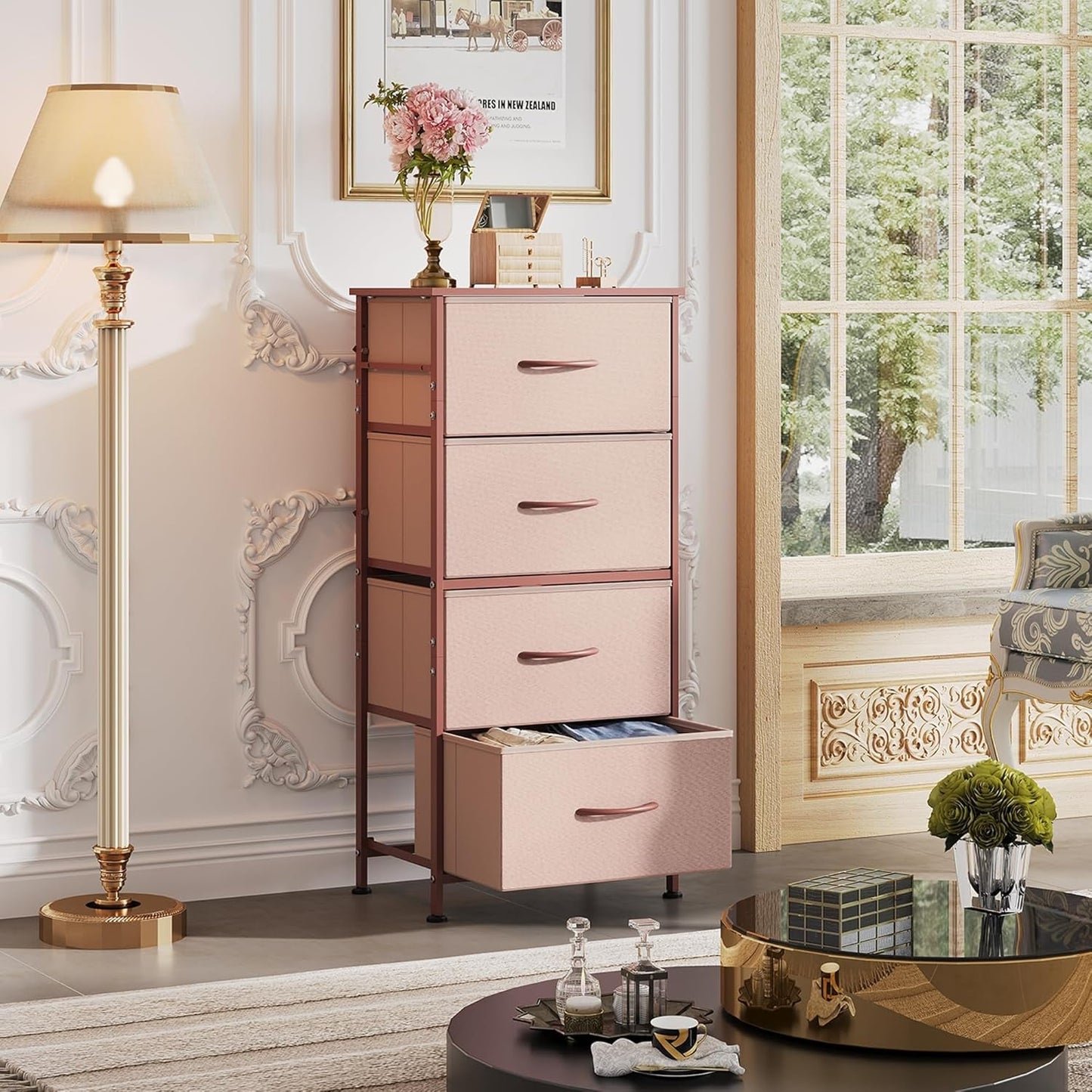 4 Drawer Pink Rose Gold Fabric Dresser With Wood Top