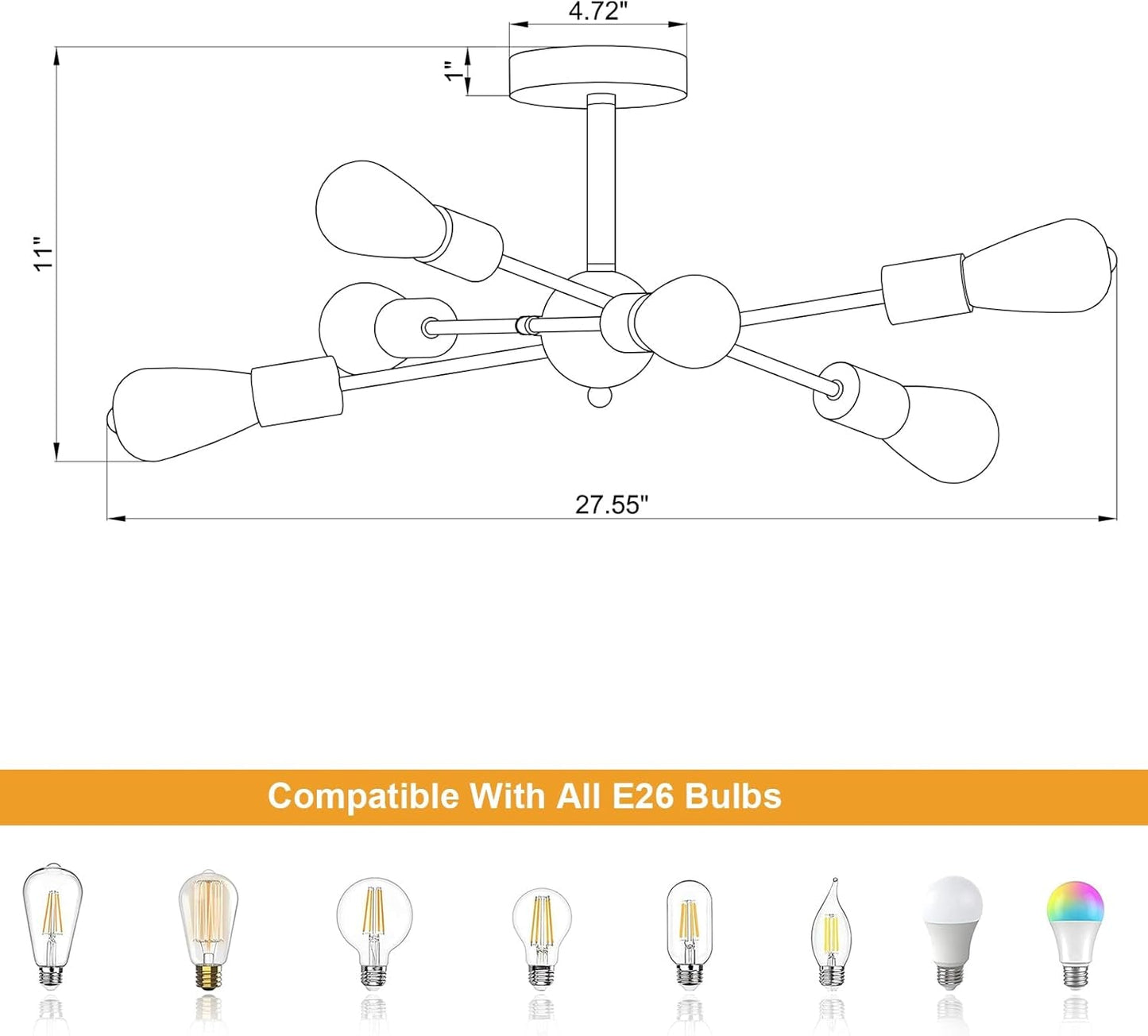 Black And Gold 6 Light Sputnik Ceiling Chandelier Semi Flush Mount UL Listed dimensions and compatibility with E26 bulbs