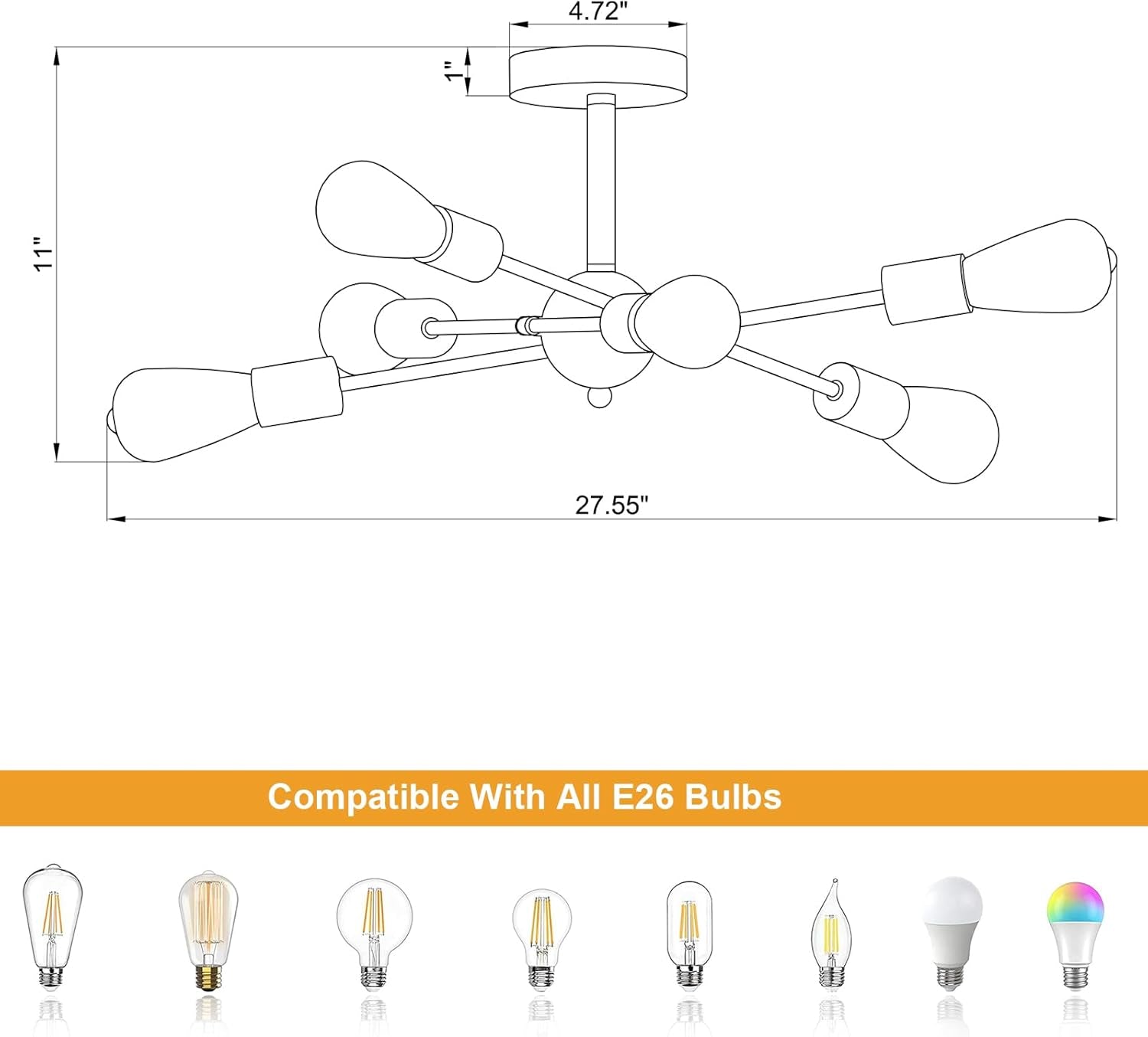 Black And Gold 6 Light Sputnik Ceiling Chandelier Semi Flush Mount UL Listed dimensions and compatibility with E26 bulbs