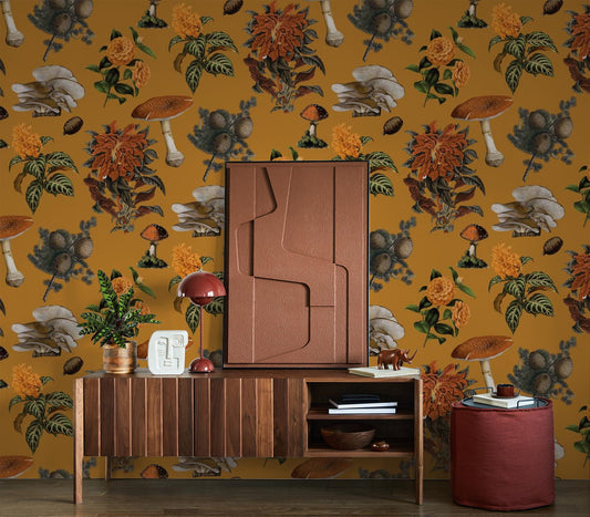 Mushrooms Wallpaper, gold & marigold