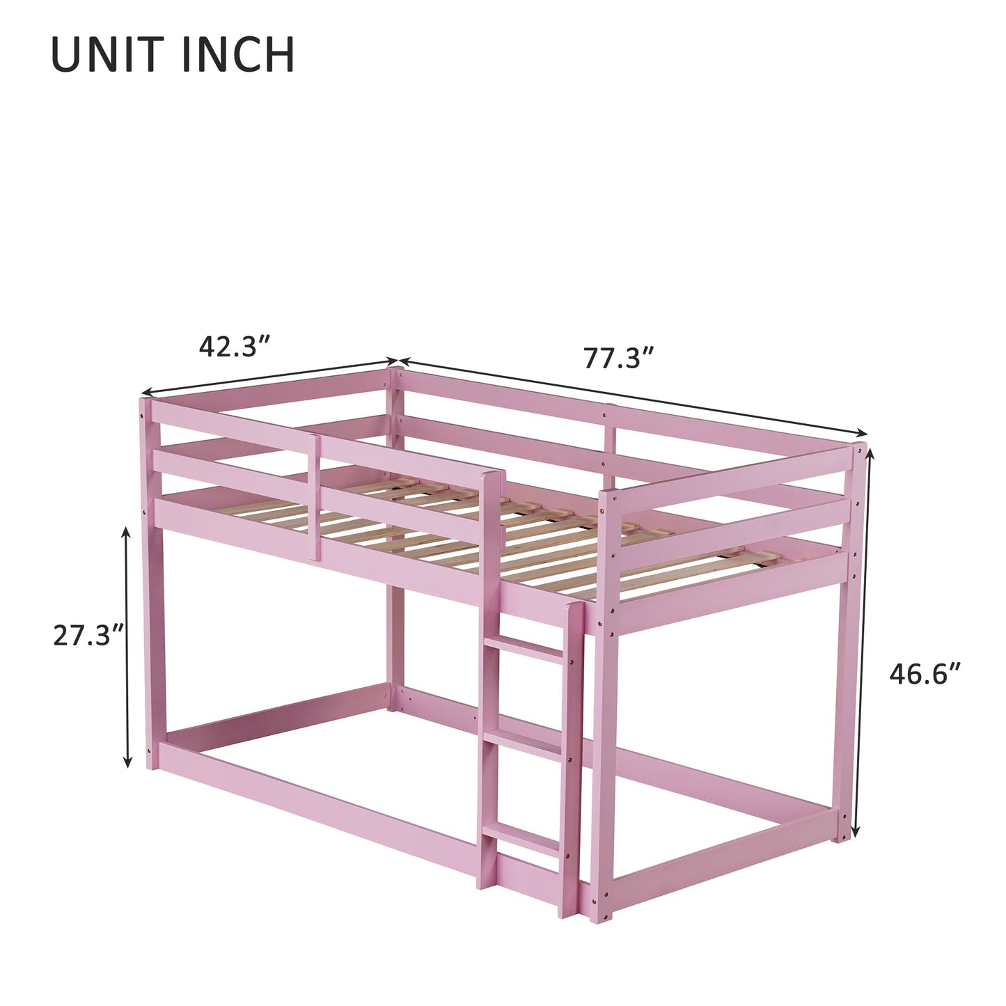 Solid Wooden, Solid Rubber Wooden Twin over Twin Floor Bunk Bed with Ladder, with Bed Platform of Strengthened Slats , Pink