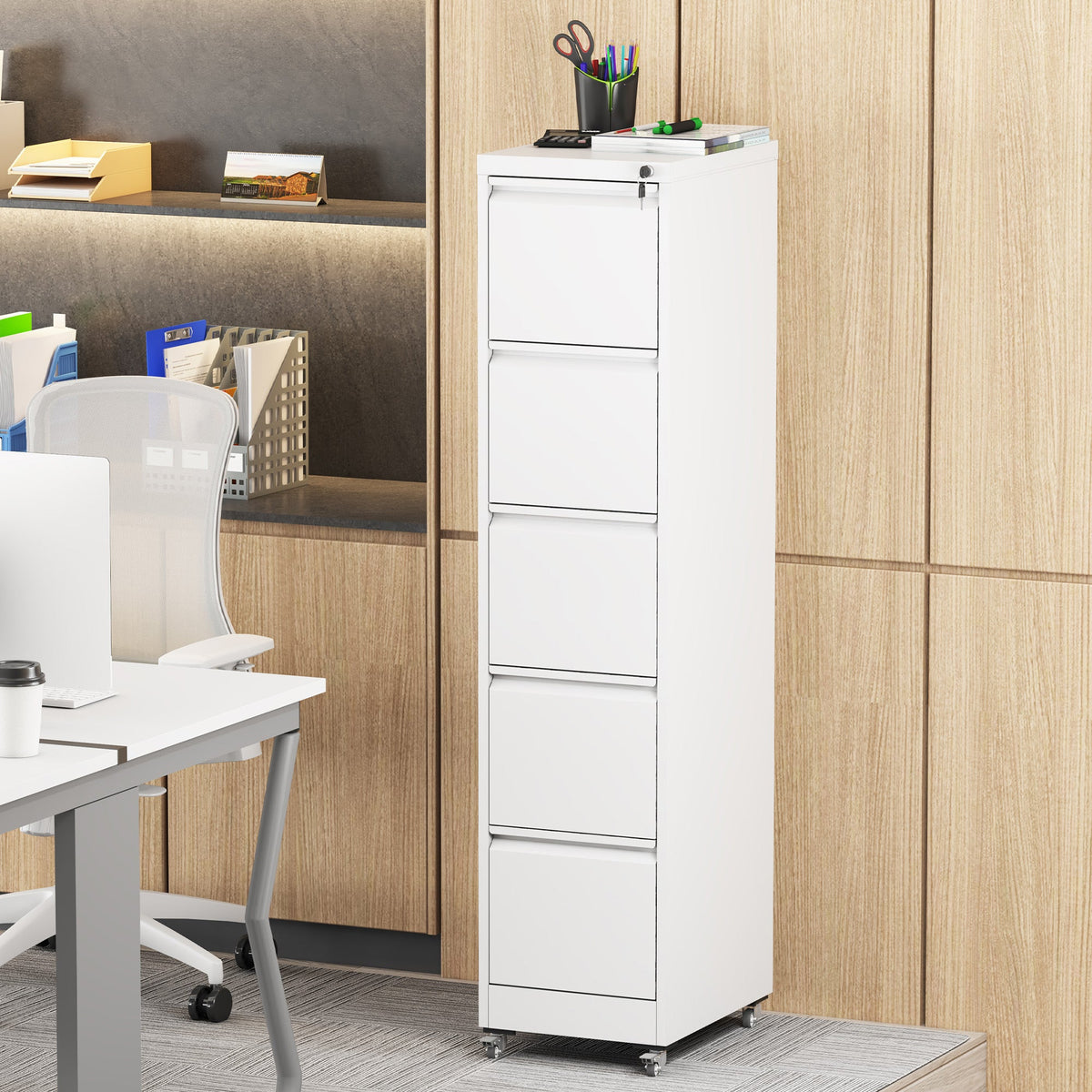 5 Drawer Metal Vertical File Cabinet with Lock on Wheels
