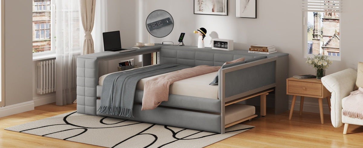 Full Size Upholstered Platform Bed with Storage Shelves, Desk, Charging Station and Trundle
