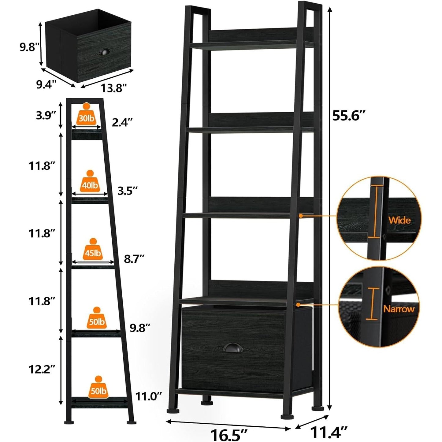 5 Tier Ladder Shelf With Drawer Narrow Black Oak Finish