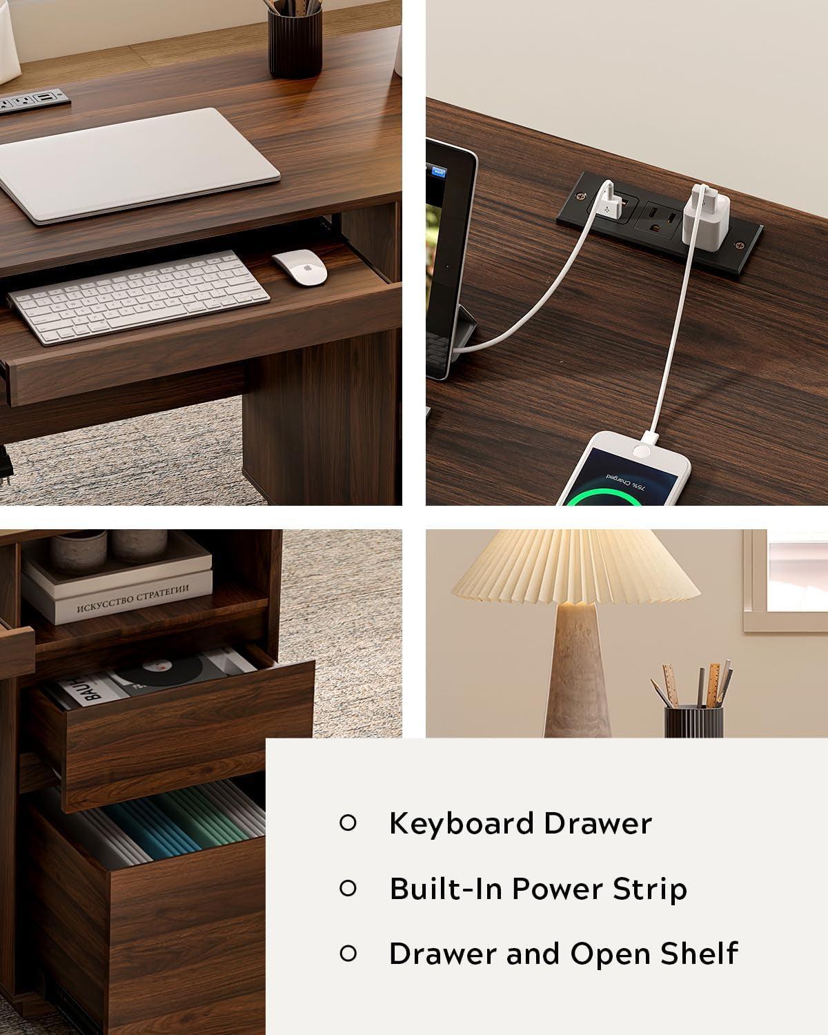 Farmhouse Executive Desk With Charging Station Brown