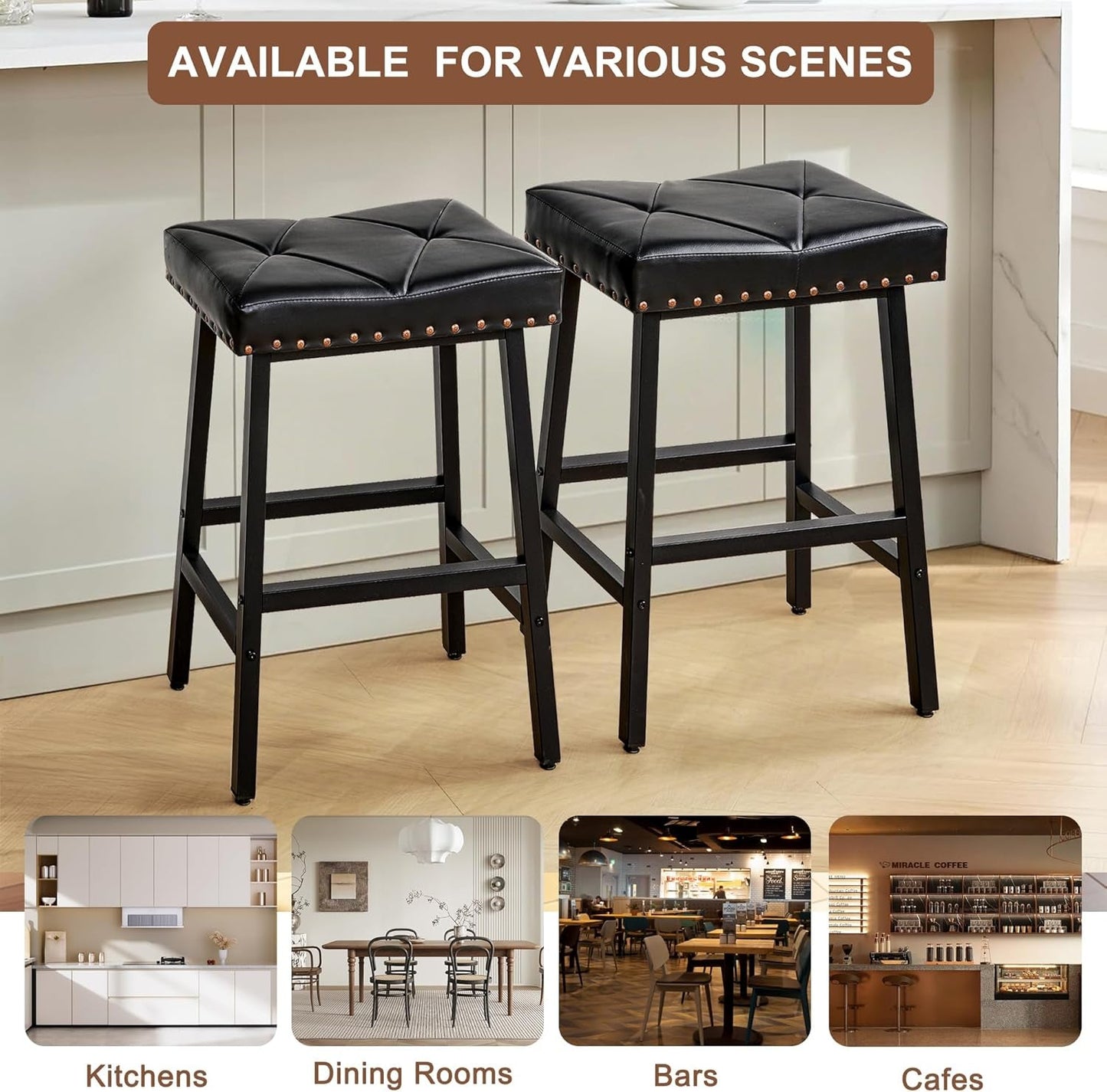 25 Inch Counter Height Bar Stools Set Of 2 In Black With PU Upholstered Saddle Seats For Comfort