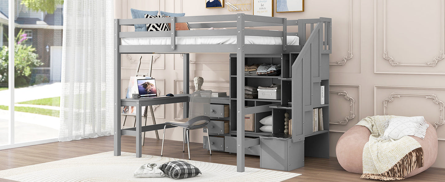 Full Size Loft Bed with L-Shaped Desk and Drawers