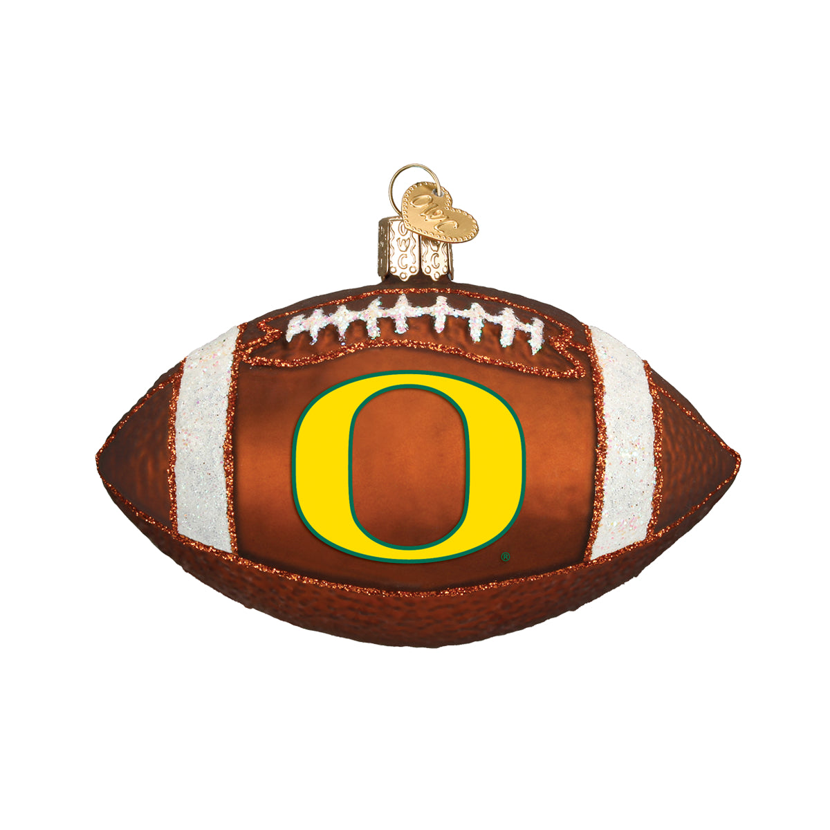 Oregon Football Ornament shaped like a football with the Oregon logo, perfect for holiday decorations.