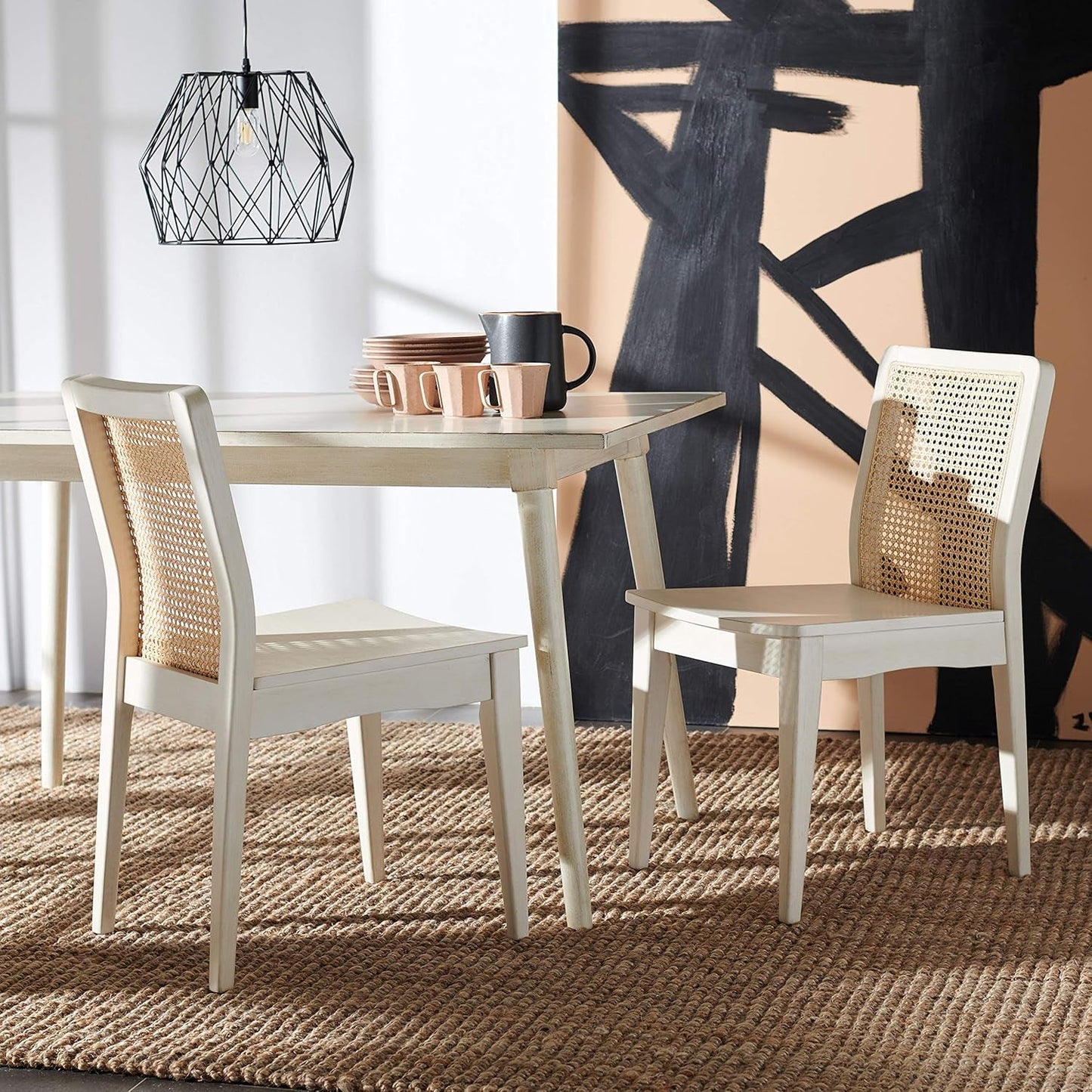 Coastal White And Natural Rattan Dining Chair Set Of 2