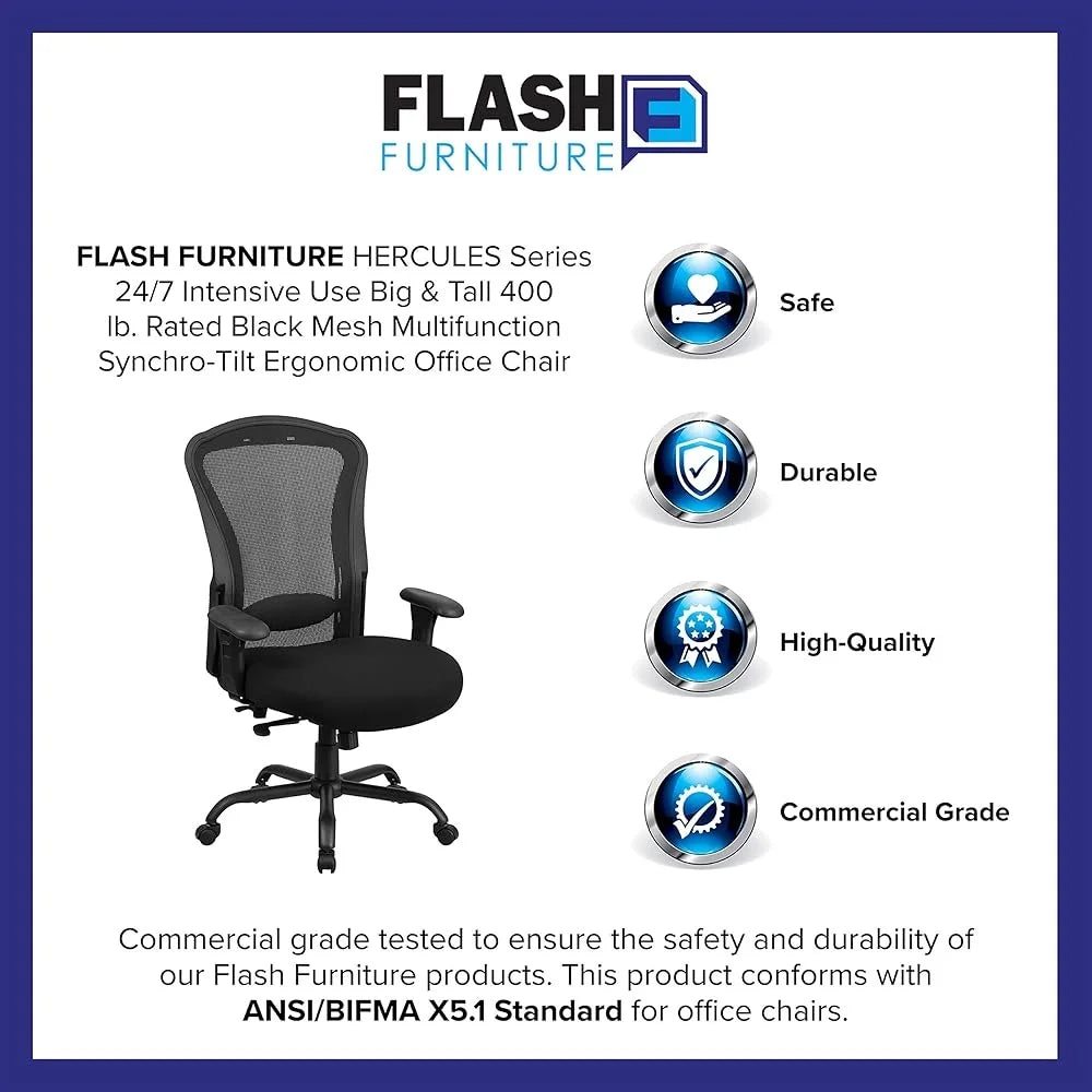 Big and Tall Ergonomic Office Chair 24/7 Heavy Duty Mesh High Back Synchro-Tilt Adjustable Lumbar Armrests 400 Lb Capacity