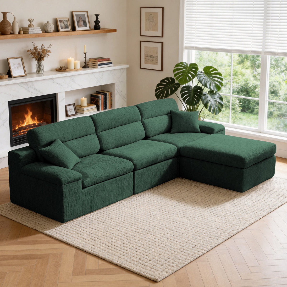 Corner Chaise Sofa with High Backrest - Green