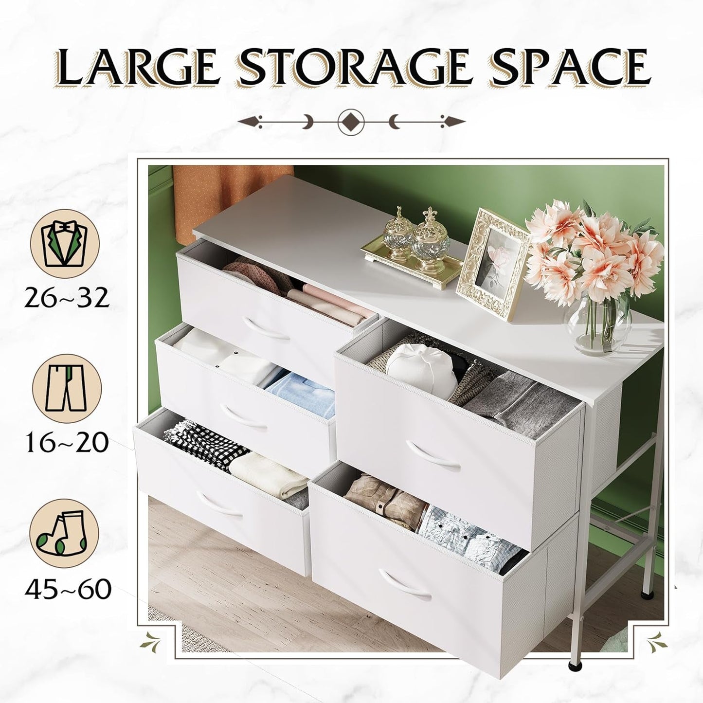 Fabric Dresser With 5 Drawers White For Bedroom Storage Organizer