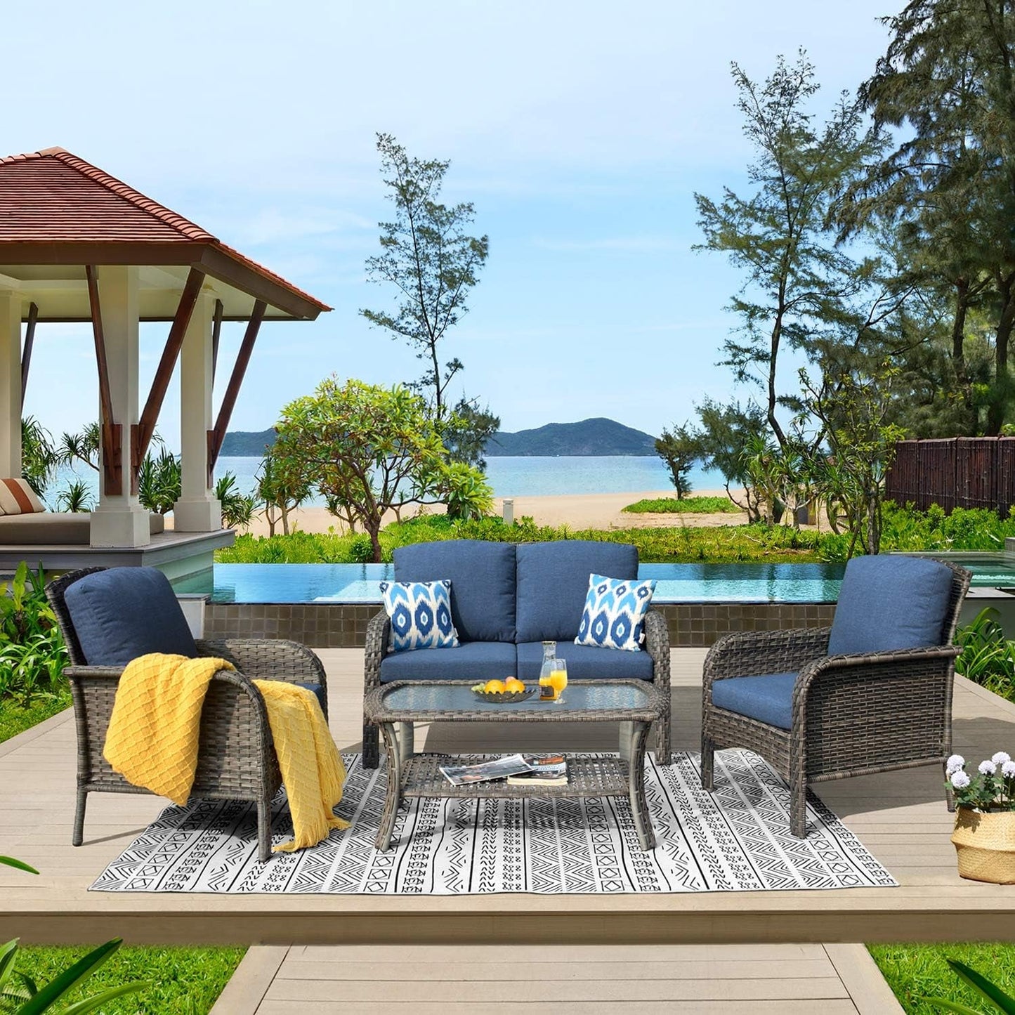 Denim Blue 4 Piece Outdoor Patio Furniture Set Cushions