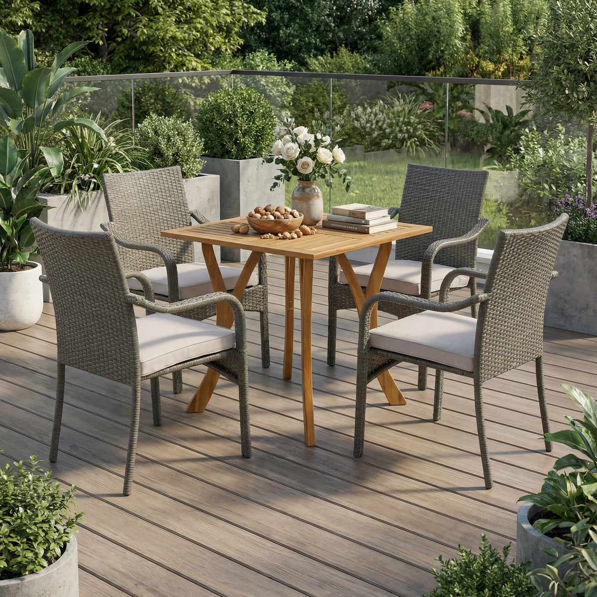 5-Piece Outdoor Dining Set, Acacia Wood Table & Wicker Back Chairs