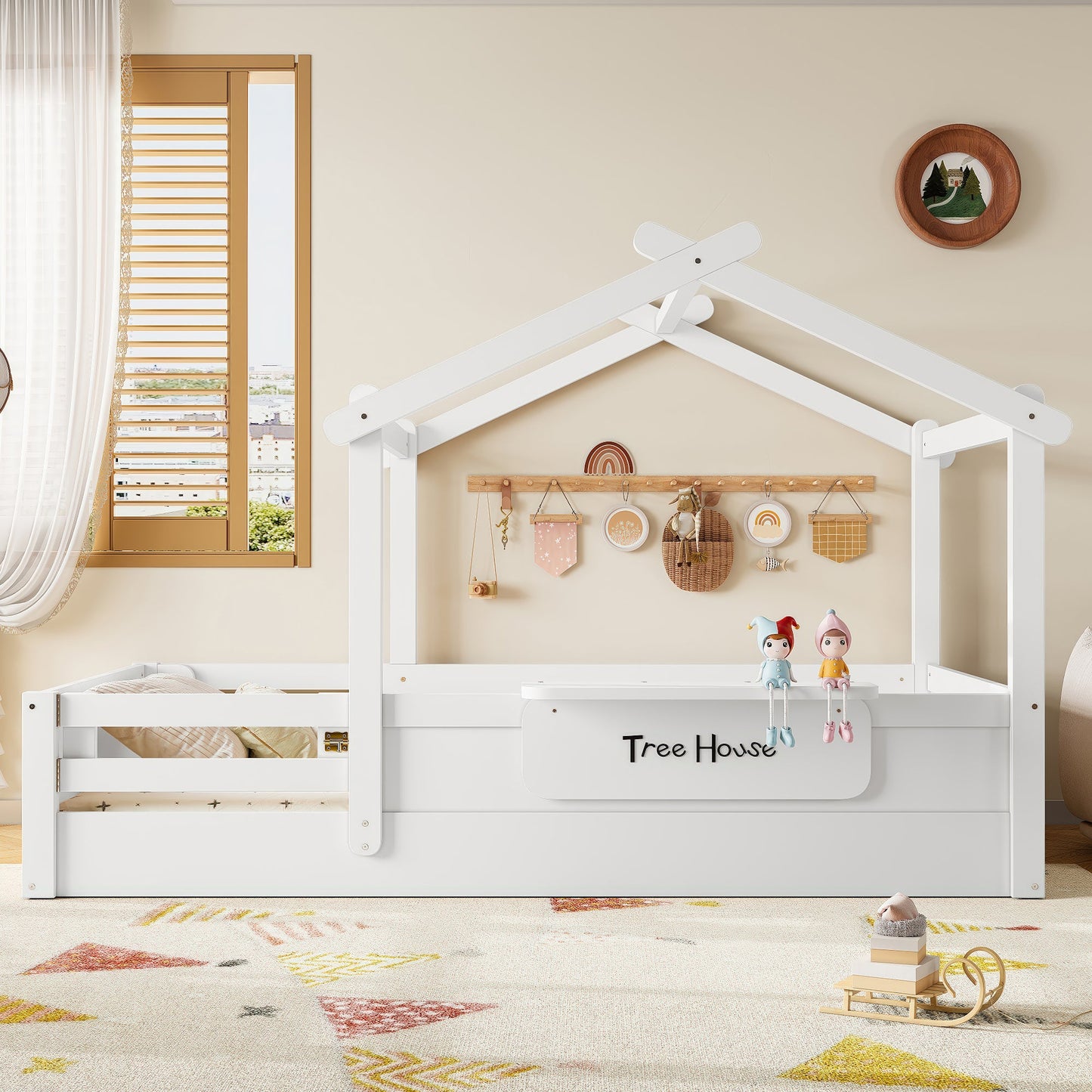 Twin Size Floor Bed with Guardrails and Roof