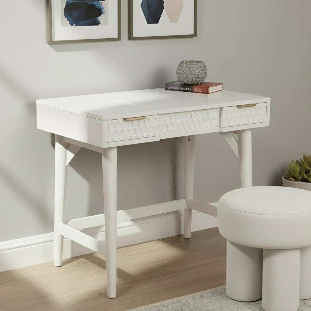White Pearl Bedroom Vanity Desk showcasing a modern design with textured drawer fronts and a sleek white finish.