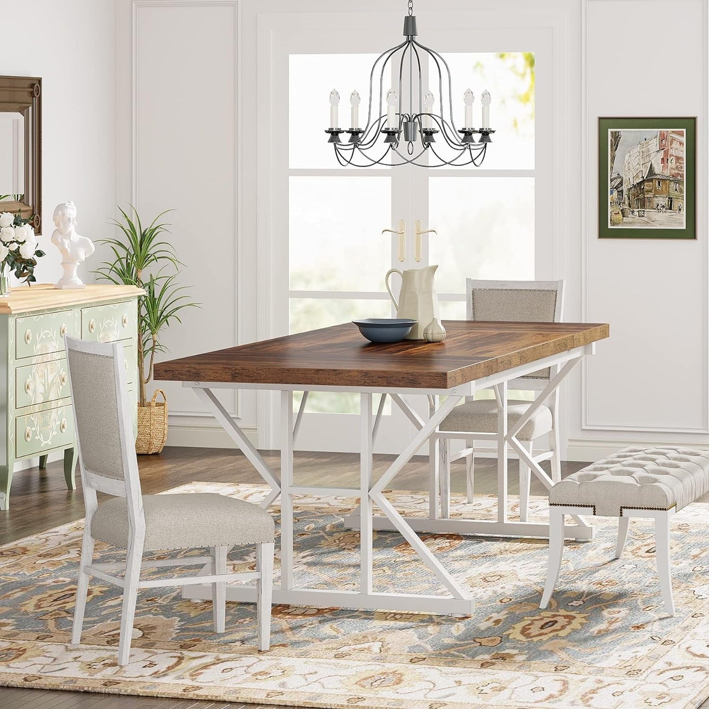 Farmhouse Dining Table For 6, 70.8 Inch Wood Table Two Tone