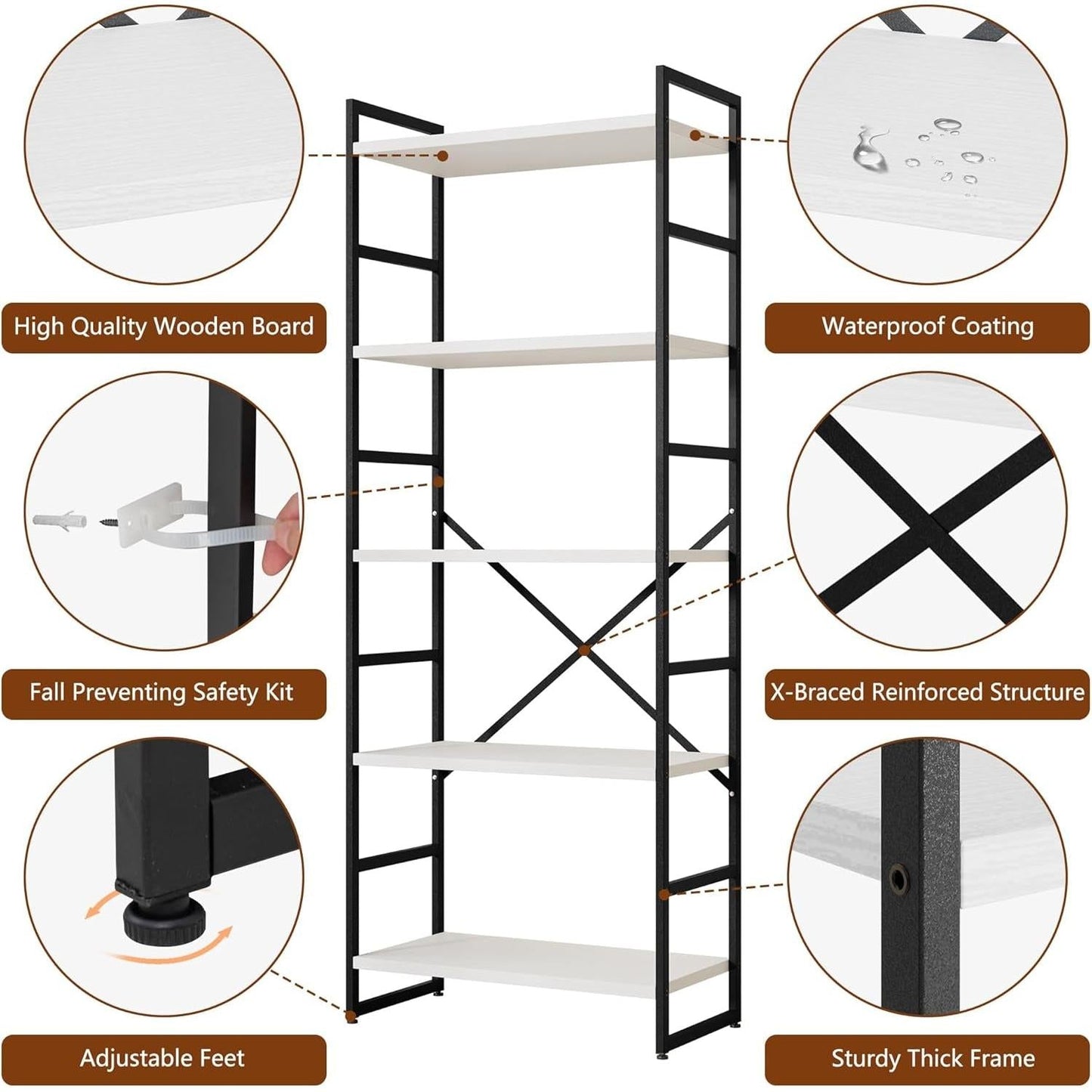 Two Piece Five Tier White Bookshelf Set Industrial Modern Bookcase For Living Room Office