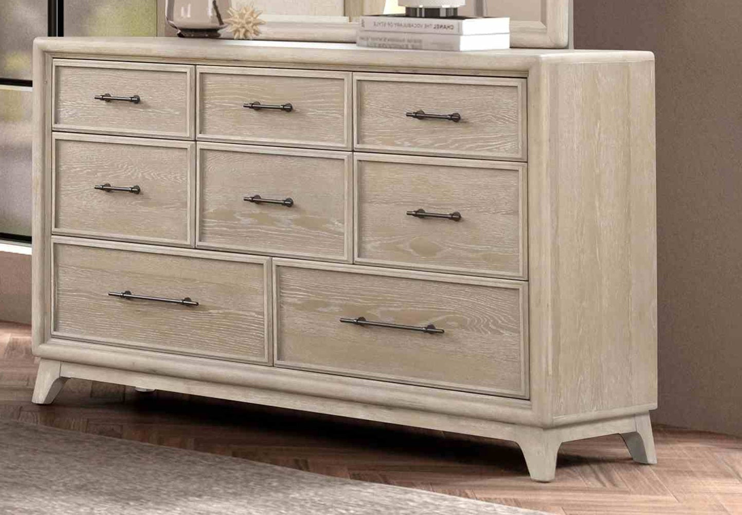 Oak Finish Eight Drawers Dresser With Mirror