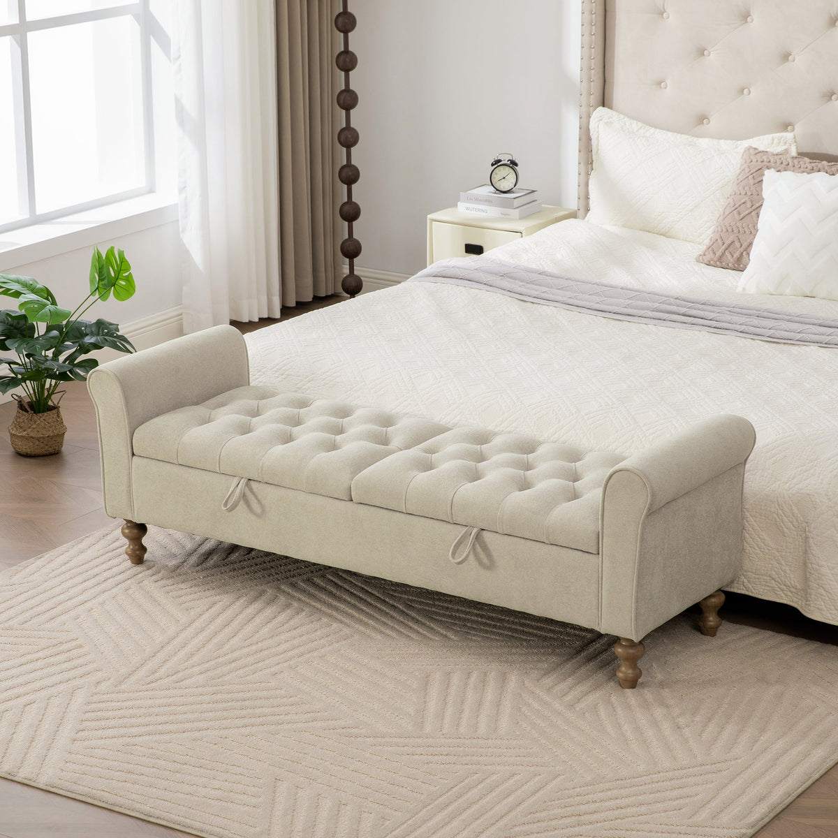 65.75" Wide Modern Upholstered Storage Bench With Double Lids