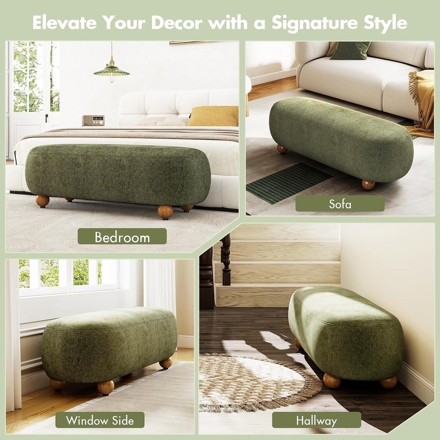 54-Inch Green Velvet EndOfBed Bench Cushioned Seat