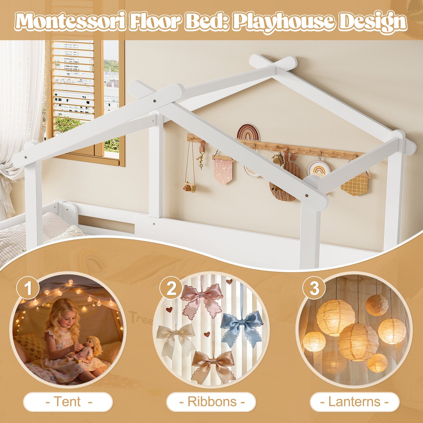 Full Size Floor Bed with Guardrails and Roof, Kids House Floor Bed with a Small Built-in Tray and Free-installed Signboard, Childlike Design, White