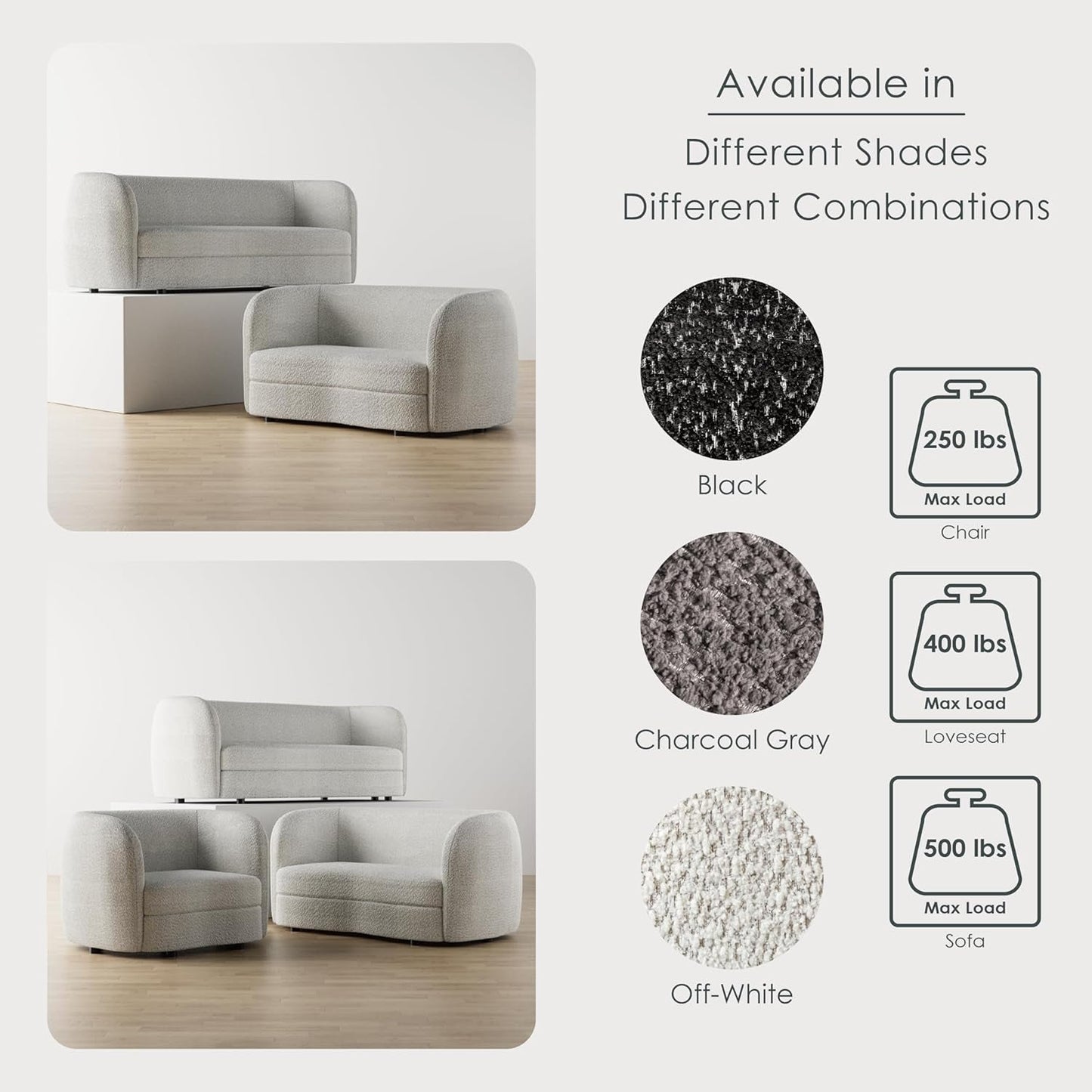 Nimiane Boucle 3 Piece Sofa Set Off White Modern Collection