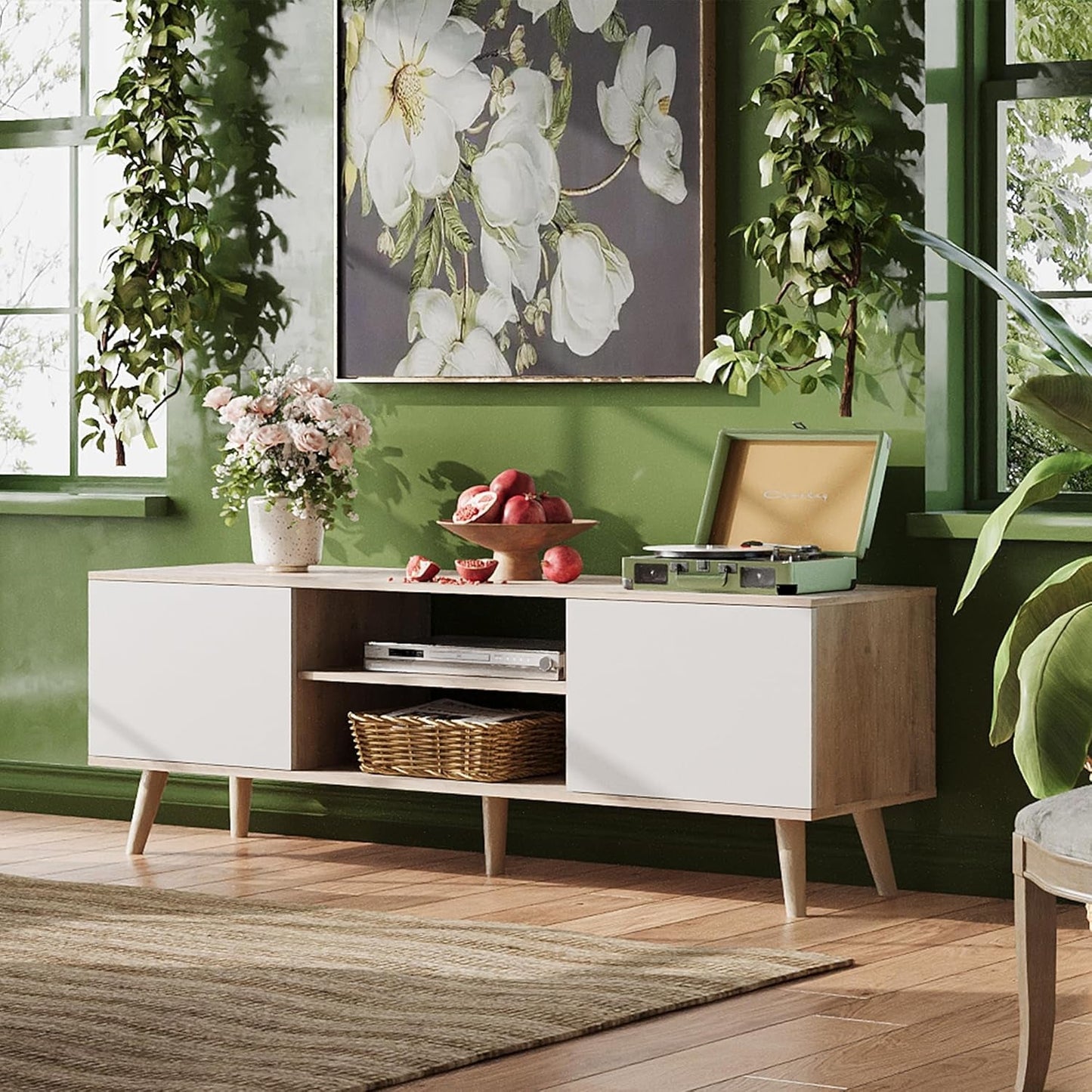 Boho TV Stand 55 To 60 Inch Greige White Sleek Design
