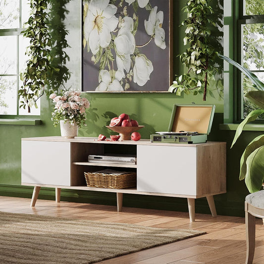 Boho TV Stand 55 To 60 Inch Greige White Sleek Design