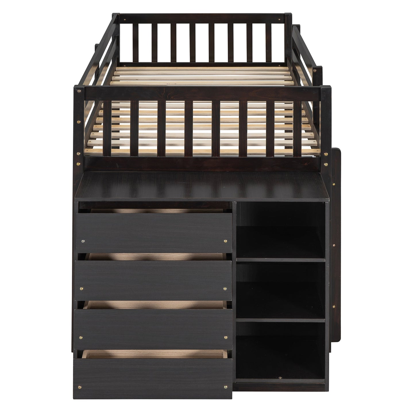 Twin Over Twin Bunk Bed with 4 Drawers and 3 Shelves - Espresso