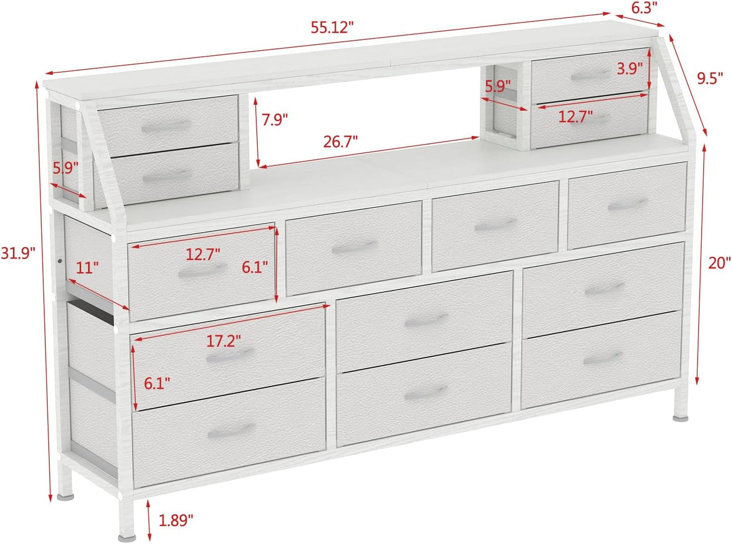 55 Inch Wide TV Stand Dresser 14 Drawers White Finish
