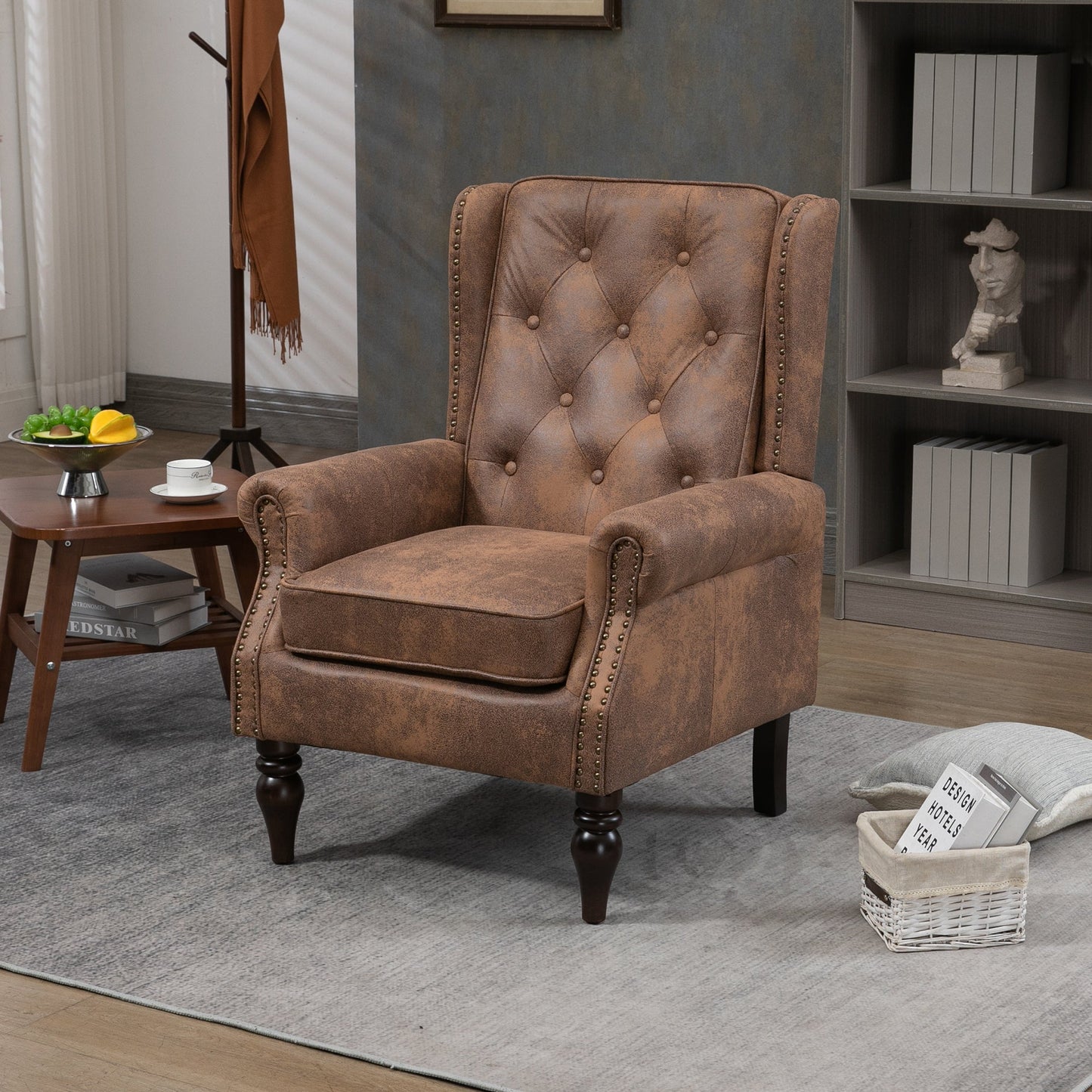 Modern Coffee Wood Frame Armchair with Microsuede Upholstery