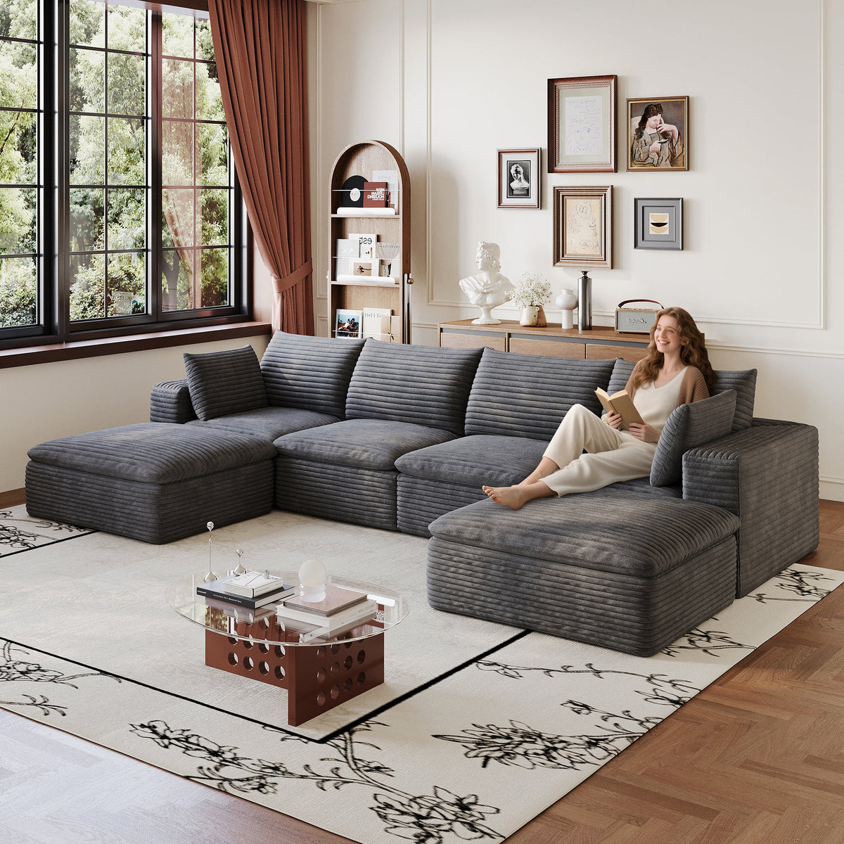 134" Cloud Sofa - Dark Grey Corduroy Fabric