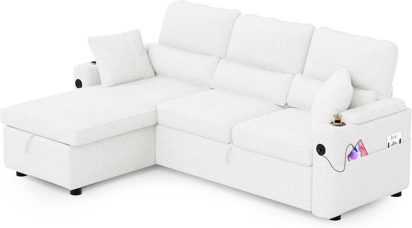 Pull Out Convertible Sofa Bed With Hidden Storage Teddy White