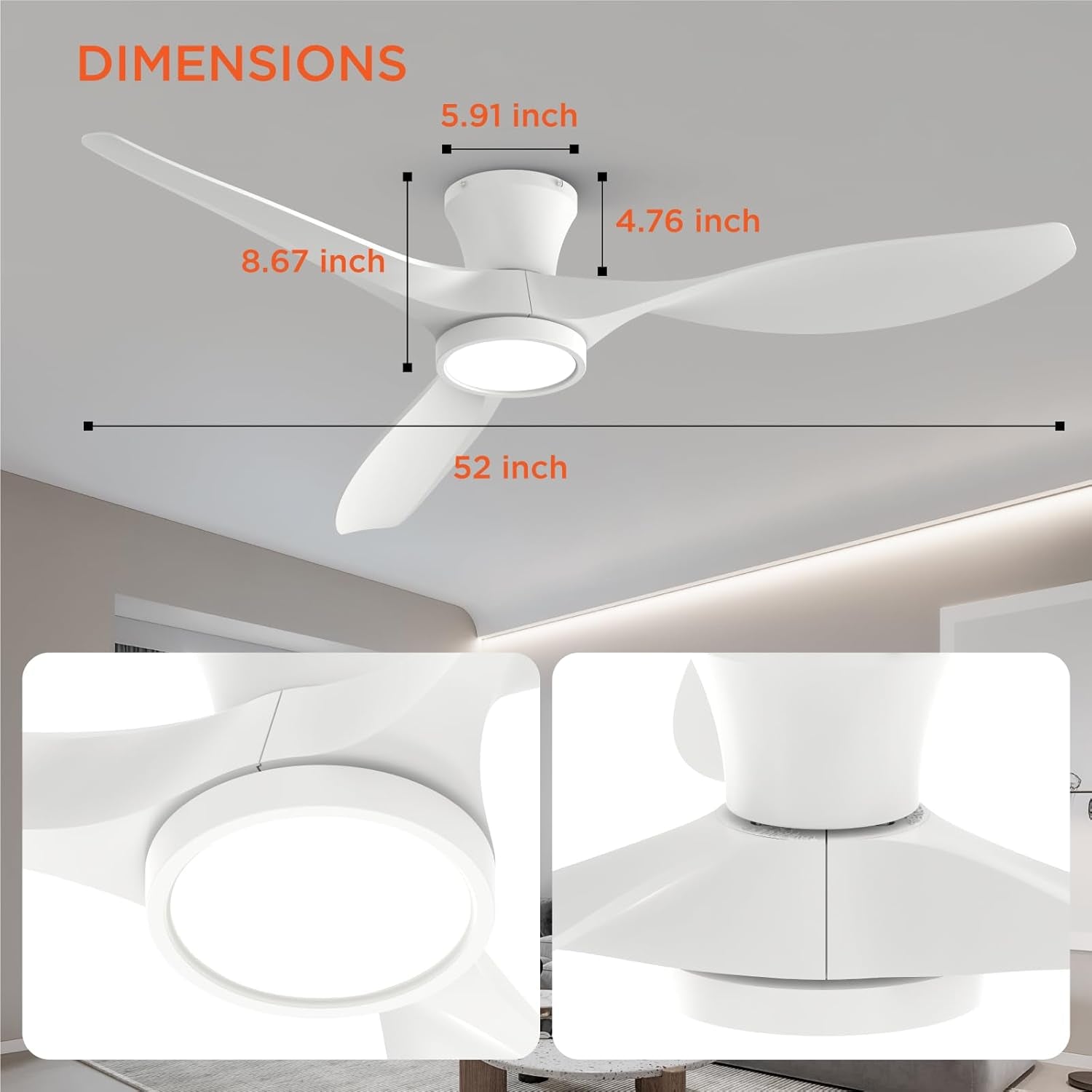 52 Inch Ceiling Fan With Remote And Quiet DC Motor dimensions showcasing the fan's size and light features.