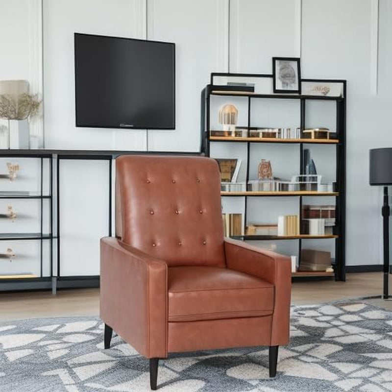 Erza Cognac Brown Leathersoft Pushback Mid Century Modern Recliner Chair