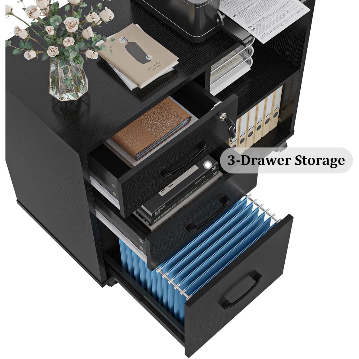 Mobile File Cabinet With Open Storage And File Drawers