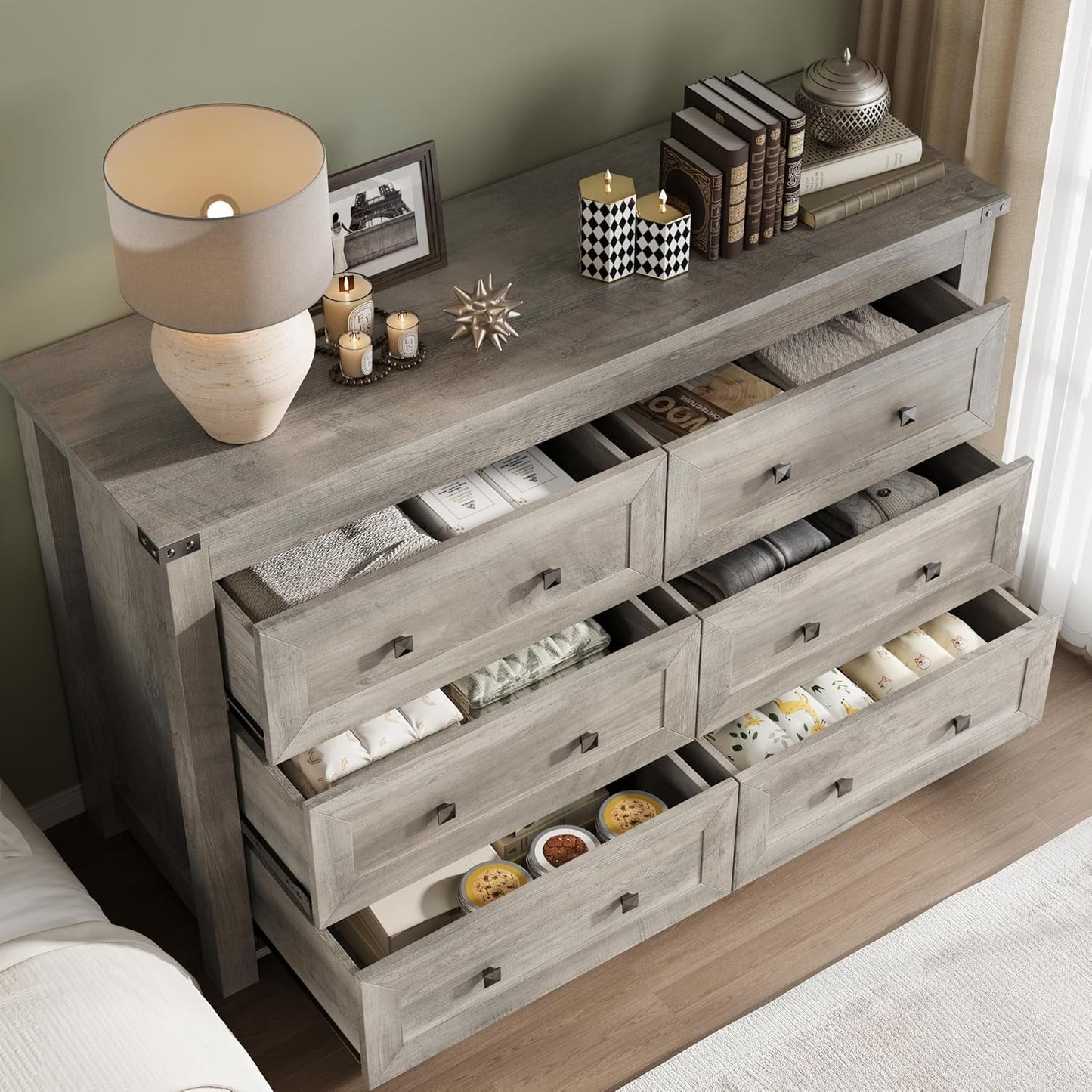 Six Drawer Dresser With Metal Handles Storage Unit