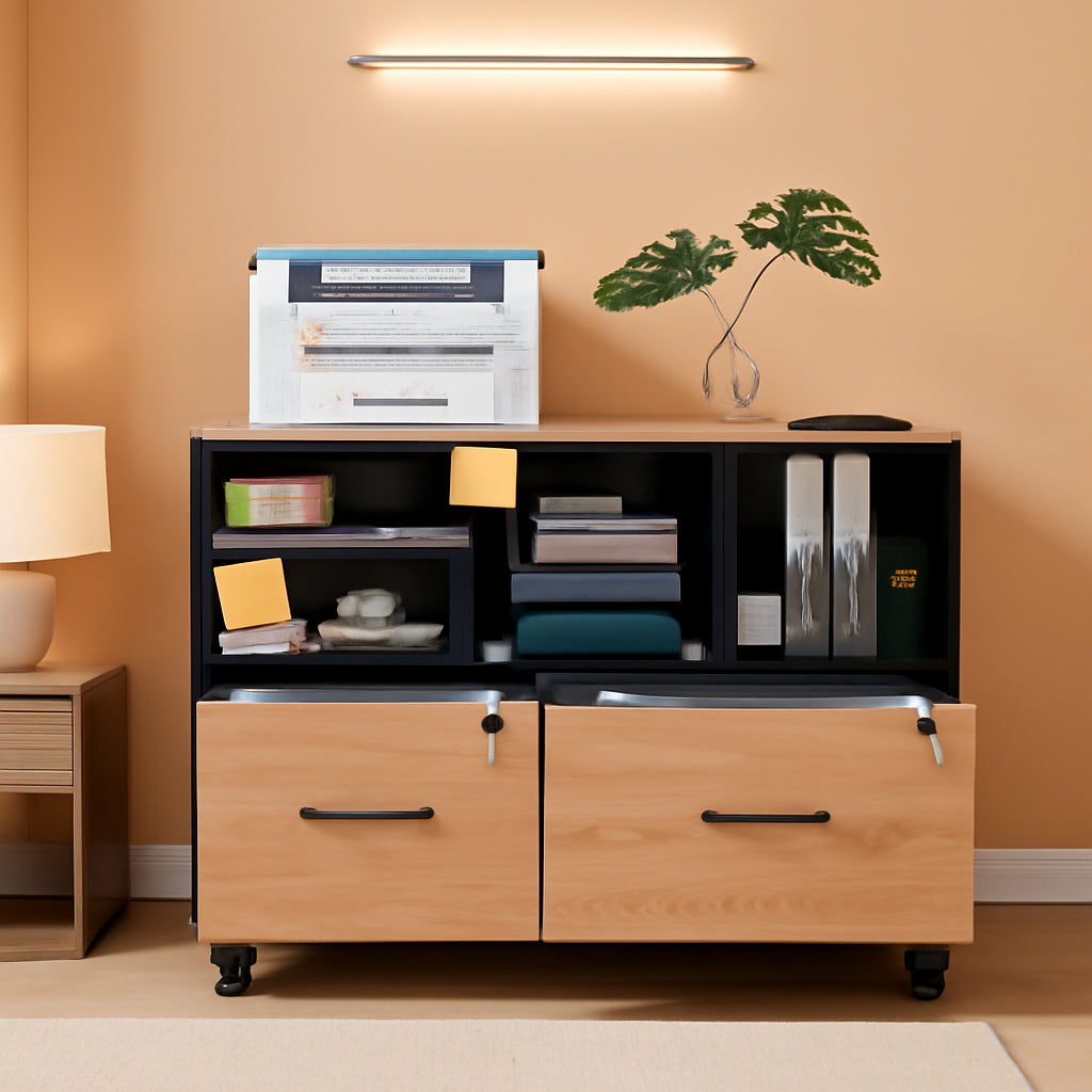 Wooden 2 Drawer File Cabinet Lockable Rolling with Adjustable Shelves Rustic Brown and Black