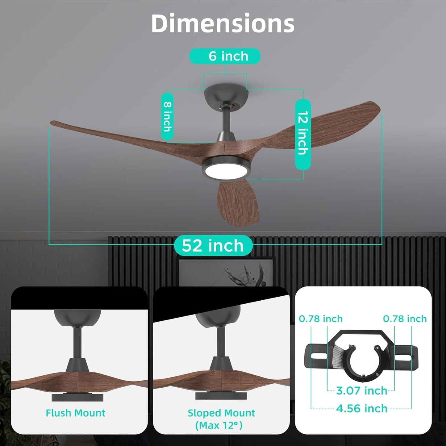 Dimensions of 52 Inch Black Ceiling Fan With Lights And Remote Control including flush and sloped mount options.