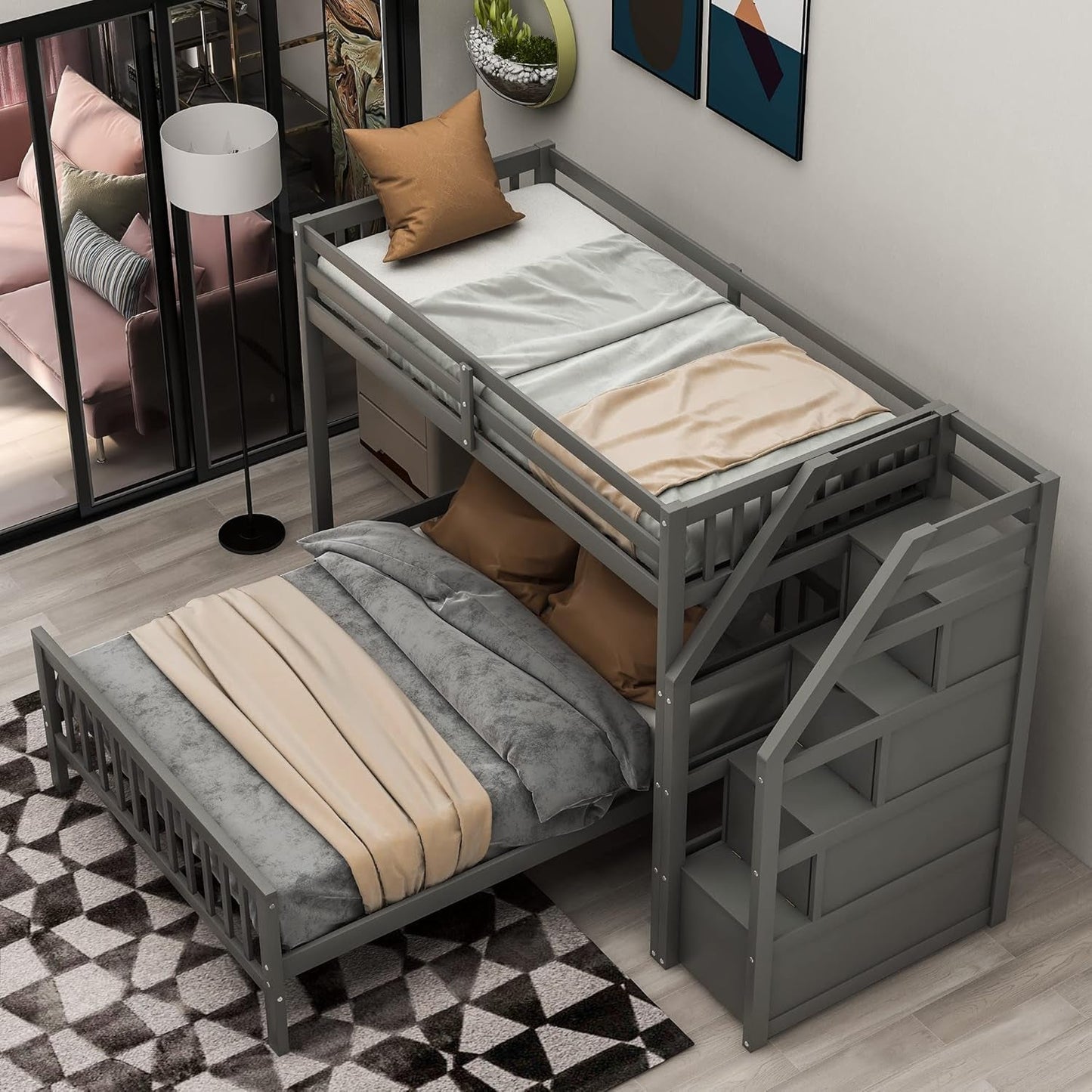 Gray Twin Over Full Bunk Bed With Storage Stairs Solid Wood