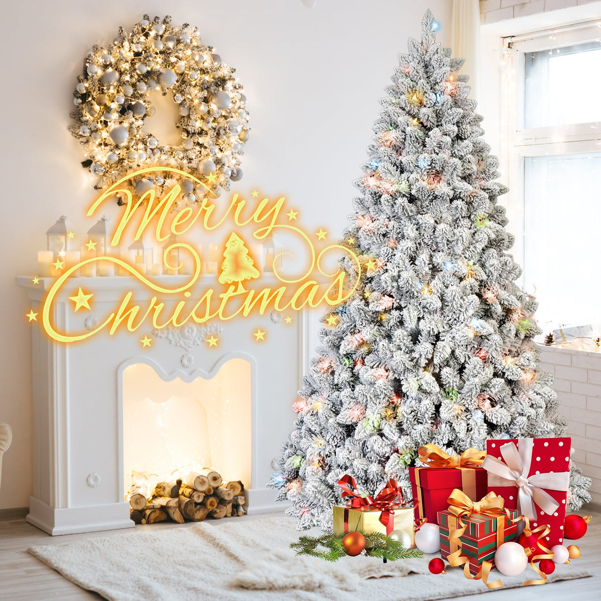 7FT Flocked Christmas Tree with 500 Colorful UL Lights