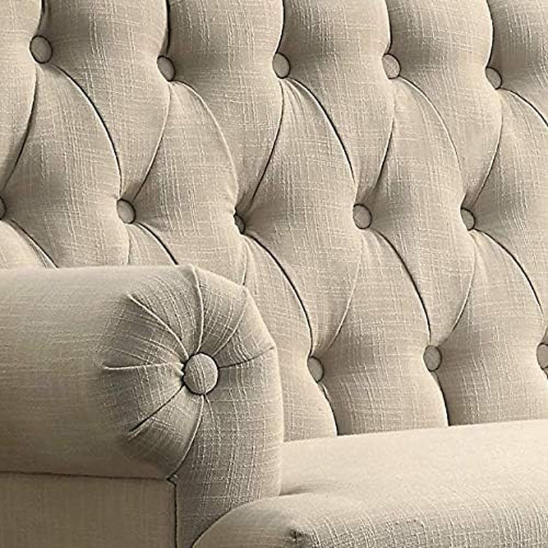 Warm Beige Tufted Linen Love Seat For Small Spaces with elegant tufted upholstery detail.