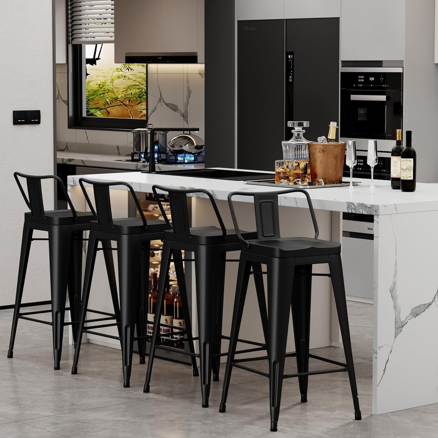 26 Inch Black Industrial Metal Bar Stools Set Of 4 For Indoor Outdoor Weather Resistant Ergonomic Comfort