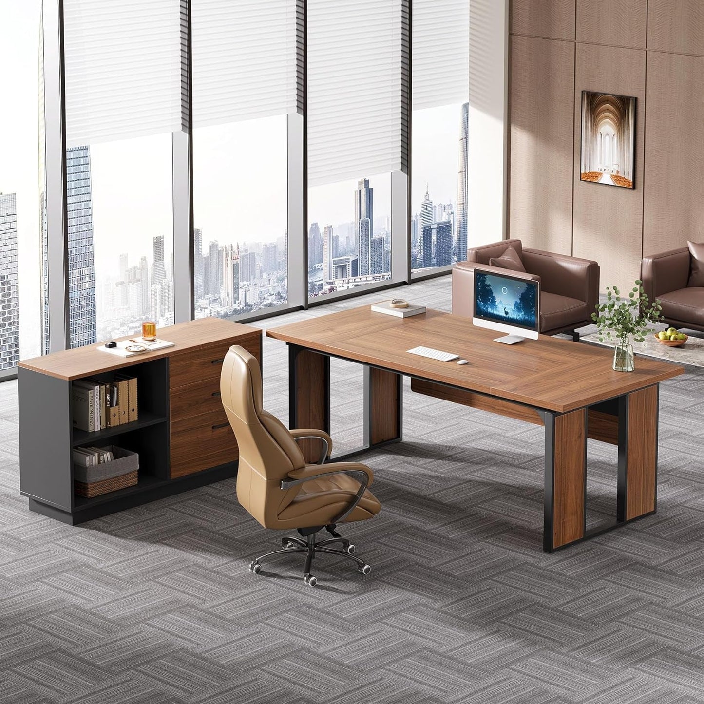 63 Inch L Shaped Executive Desk With Storage Shelves