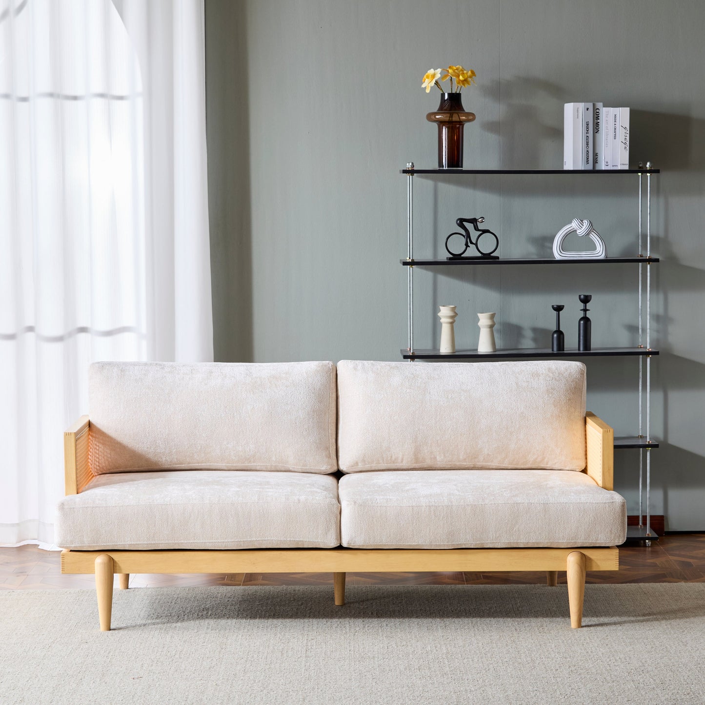 EMIR 72' Square Arm 3-Seater Sofa with Cane Rattan and Wooden Frame,Natural,,Living Rooms,Bedrooms,Apartment Office