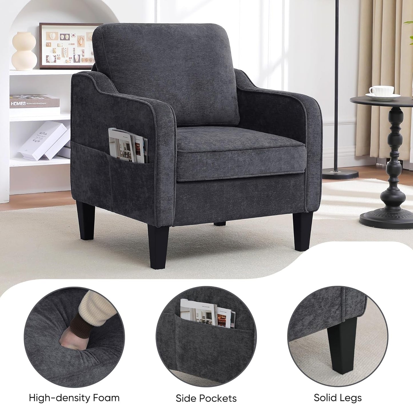 Dark Grey Mid Century Modern Accent Chair For Living Room