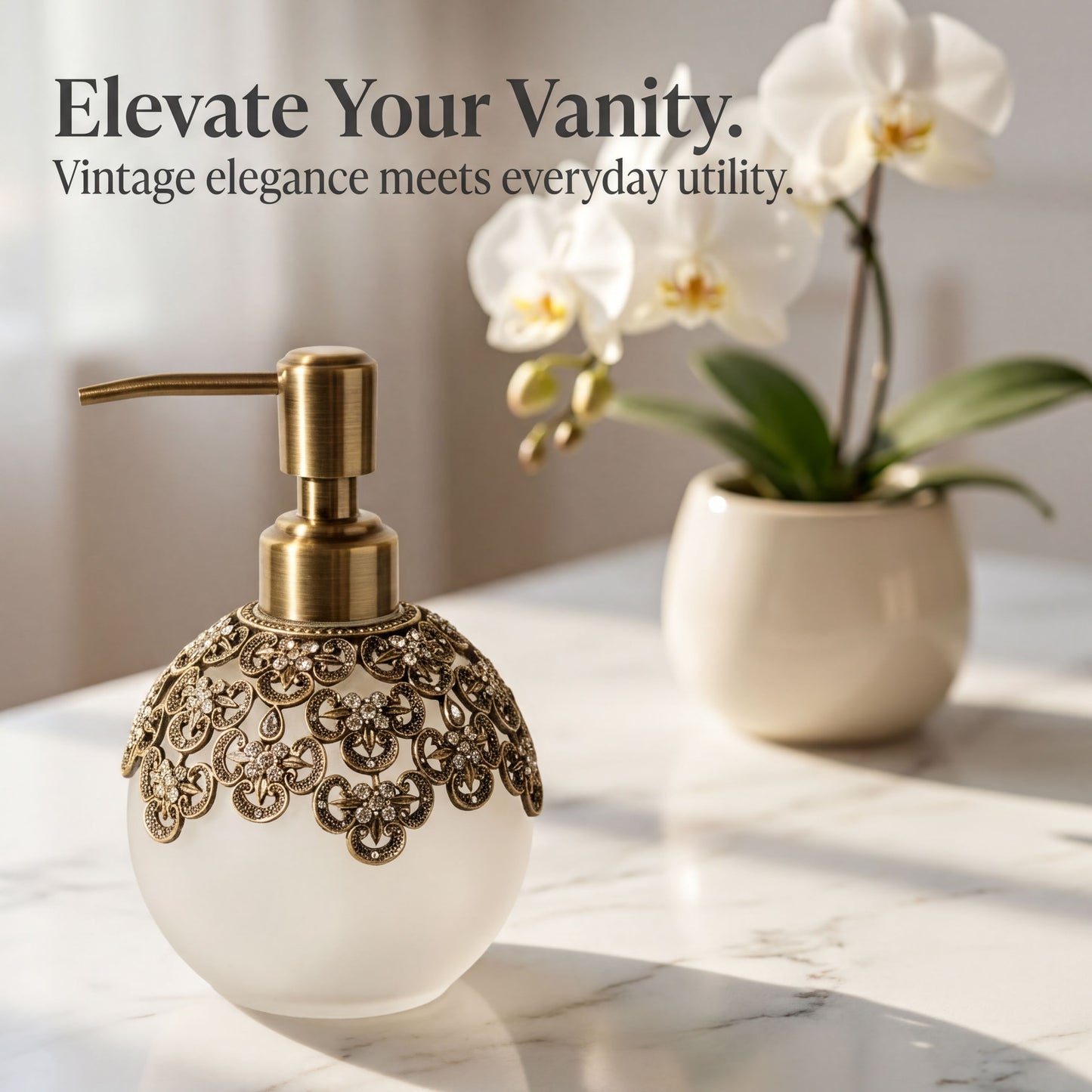 Soap Dispenser – Elegant Frosted Glass, Pewter & Rhinestone Decorative Pump