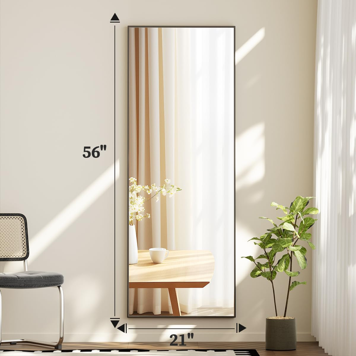 Full Length Standing Mirror 56x21 Black Aluminum Frame Tempered Glass