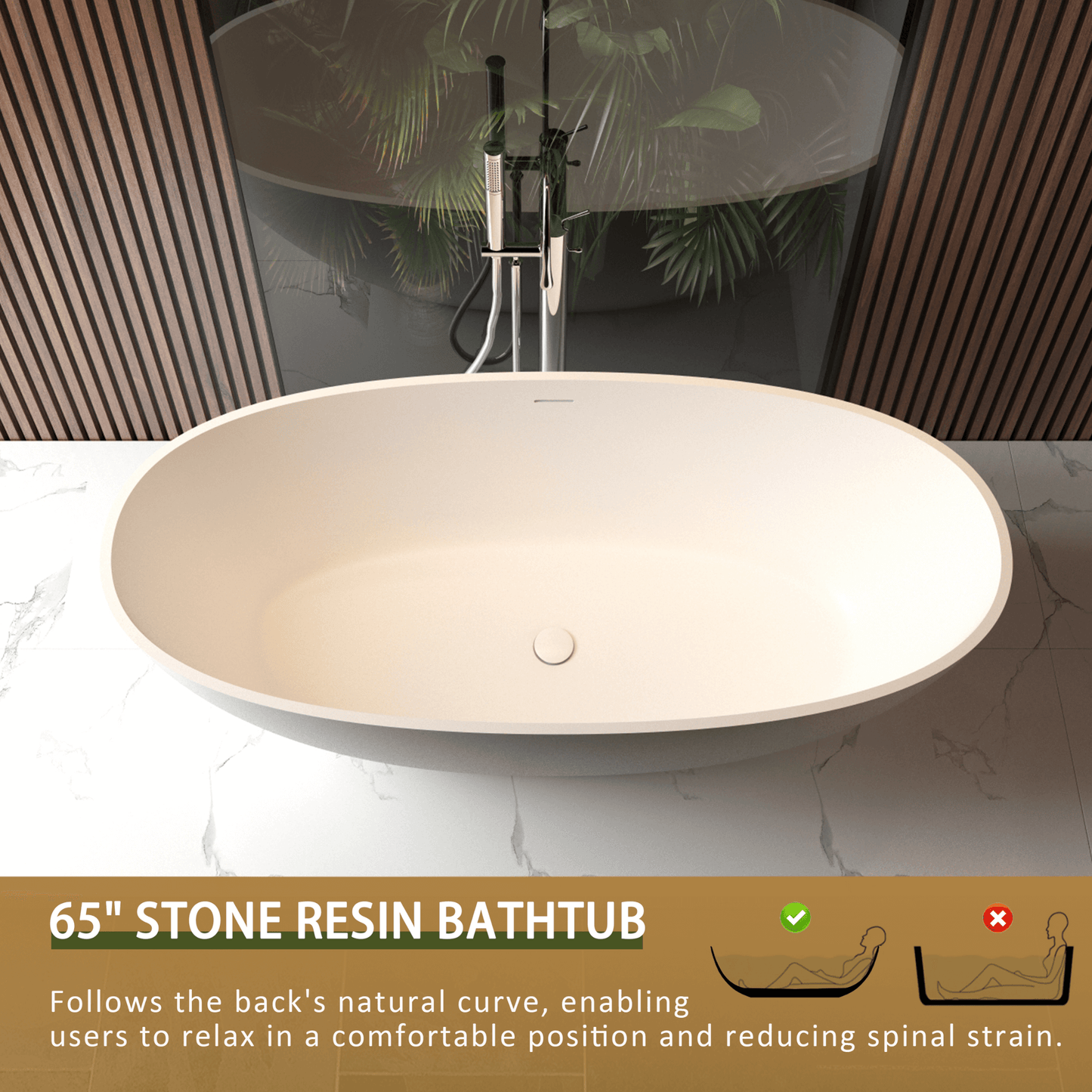 65" Luxury Freestanding Soaking Bathtub With Overflow And Pop-Up Drain (SAK69451)